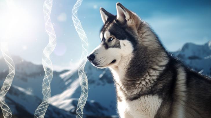 Alaskan Malamute with a DNA double helix intertwining with paw prints reflecting a responsible breeders focus on genetic health