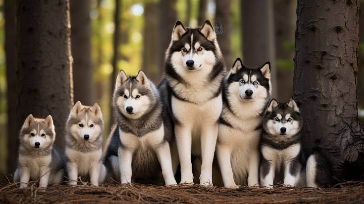 Alaskan Malamutes with distinct coat patterns and colors showcasing a family tree