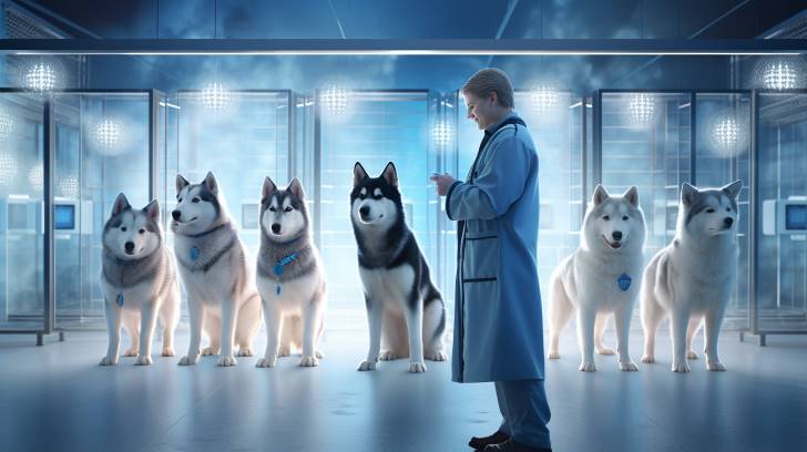 Alaskan Malamutes with distinct coat patterns with a reputable breeder gently examining a pup in a warm