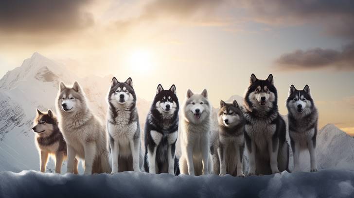Alaskan Malamutes with diverse coat patterns and colors, DNA double helixes intertwined among them, highlighting genetic diversity