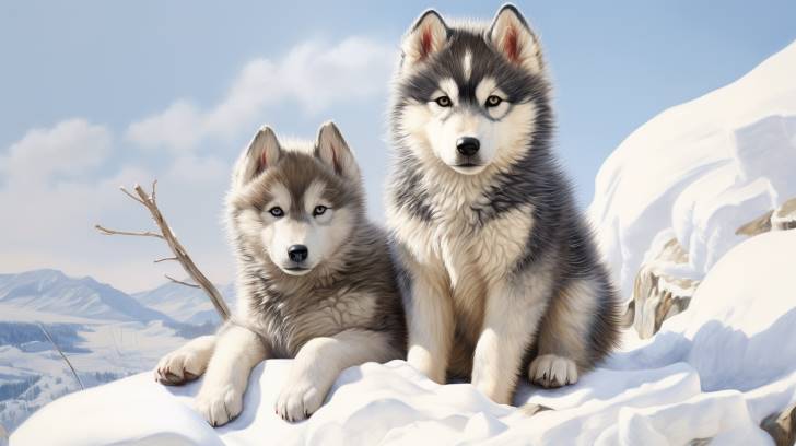 pair of Alaskan Malamutes in a snowy landscape with distinctive marks