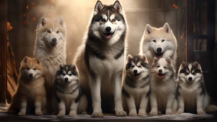 purebred Alaskan Malamute with a diverse group of healthy puppies showcasing distinctive breed traits
