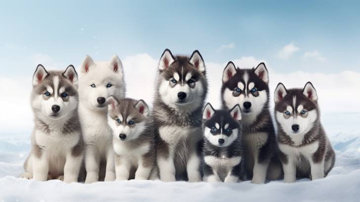 responsible breeder with Alaskan Malamutes showing diverse healthy puppies