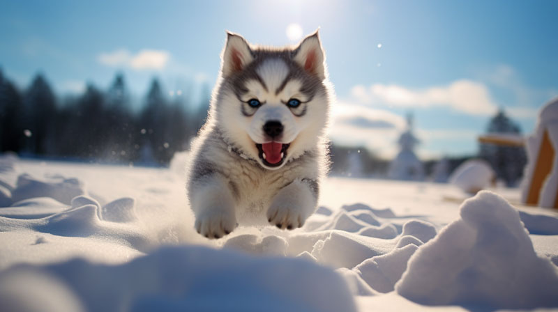 A playful Alaskan Malamute puppy frolicking in the snow