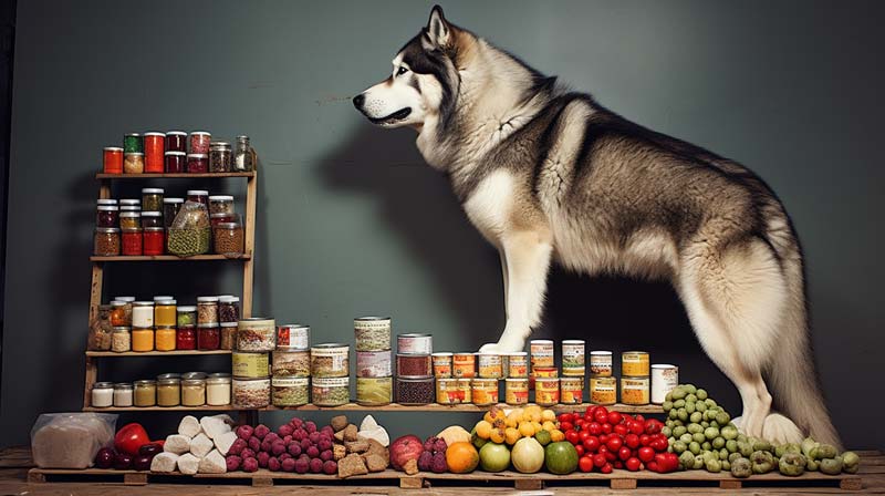 Alaskan Malamute displaying a healthy coat alongside a stacked line of appropriate dog food vitamins