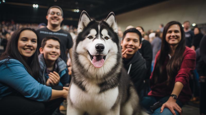 Alaskan Malamute in a show pose surrounded by diverse engaged crowd members