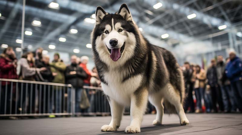 Alaskan Malamute in a show pose surrounded by diverse engaged crowd