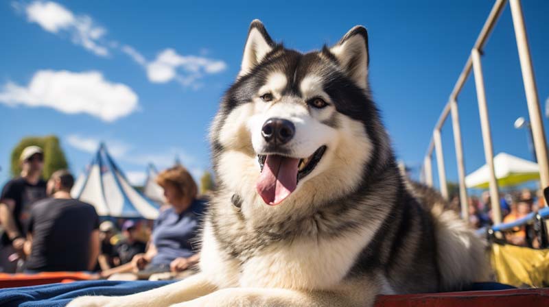 Alaskan Malamute in a show pose surrounded by engaged crowd members