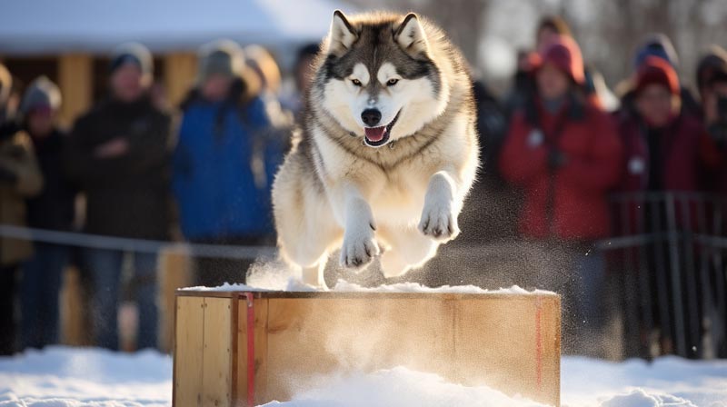 Alaskan Malamute on a podium at a dog show with other Malamutes performing agility activities outdoor