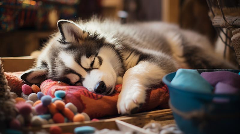 Alaskan Malamute puppy peacefully sleeping inside a cozy plush dog bed