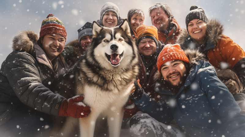 Alaskan Malamute with joyful eyes surrounded by a diverse group of supportive people