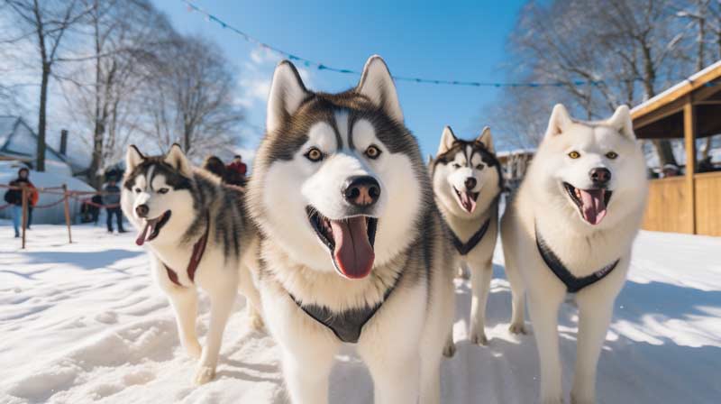 Alaskan Malamutes engaging in playful activities in a snowy park with humans organizing events