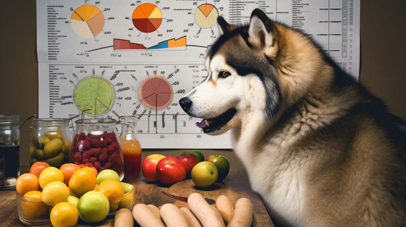 An Alaskan Malamute attentively looking at a selection of healthy dog foods with a vet examining it