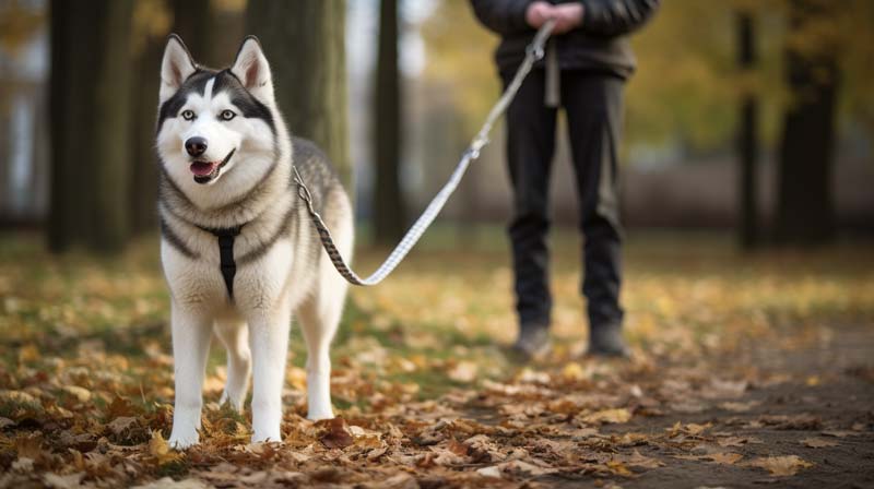 An Alaskan Malamute attentively observing a visually impaired person