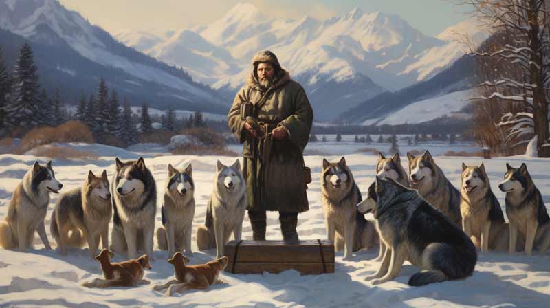 An Alaskan Malamute attentively observing its trainer surrounded by a circle of diverse owners and Malamute dogs