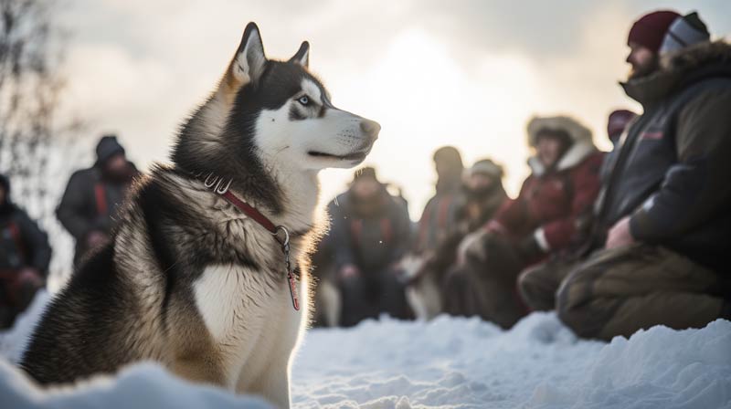 An Alaskan Malamute attentively observing its trainer surrounded by a circle of owners