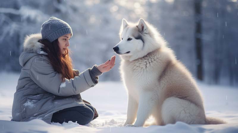 An Alaskan Malamute attentively sitting in a snowy landscape with a dog trainer