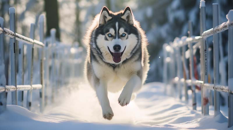 An Alaskan Malamute being trained in snowy terrain with dog agility equipment