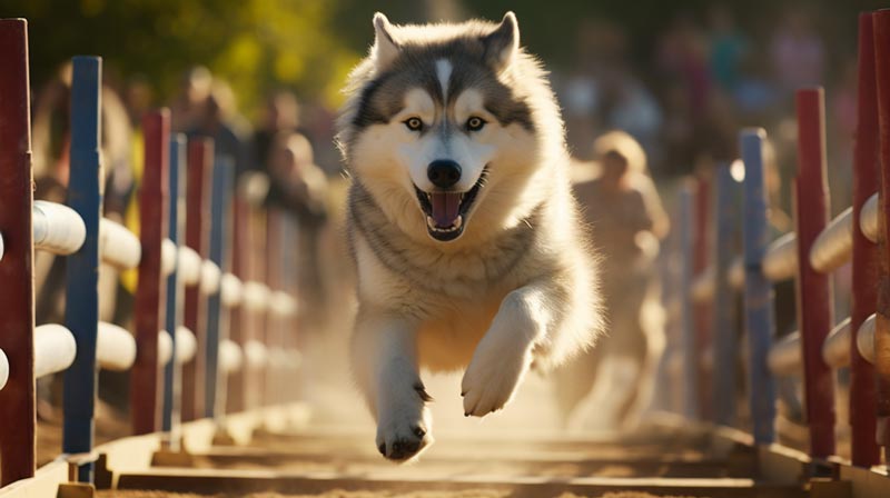 An Alaskan Malamute enthusiastically running an agility course with hurdles