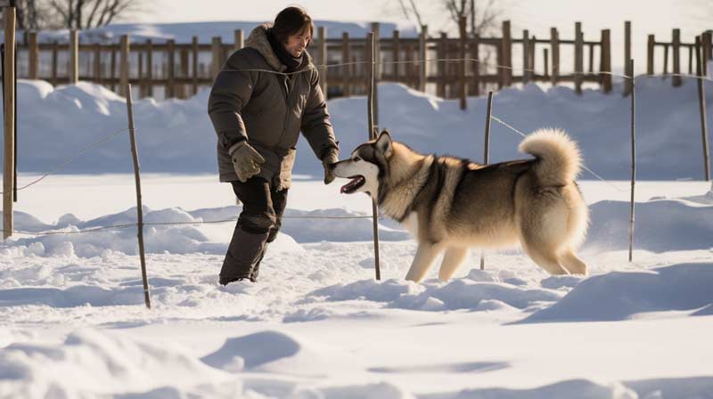 An Alaskan Malamute expertly navigating a dog agility course in a snowy landscape