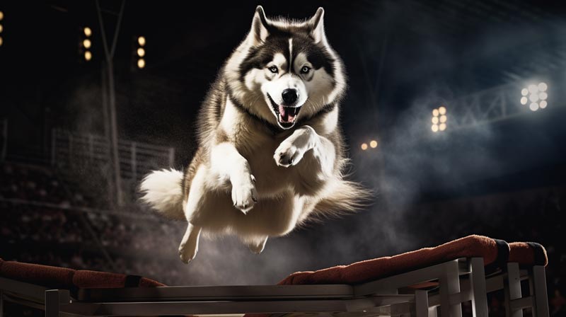 An Alaskan Malamute gracefully leaping over a show jumping hurdle