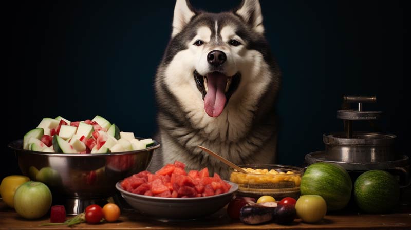 An Alaskan Malamute happily devouring a bowl filled with raw meat fresh vegetables and high quality kibble