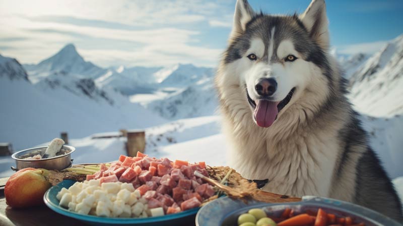 An Alaskan Malamute happily eating from a balanced plate of macronutrients