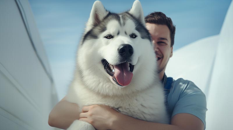 An Alaskan Malamute happily sitting with a smiling trainer holding a treat