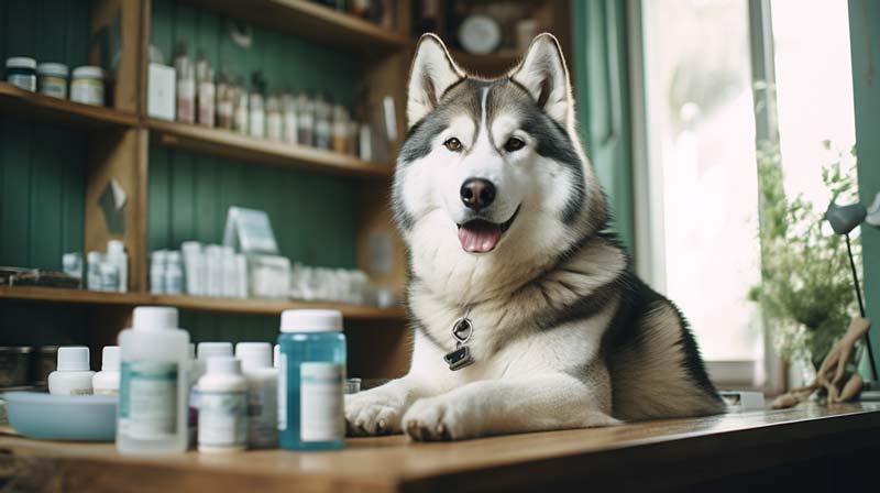 An Alaskan Malamute in a calm professional vet office getting routine health checks and vaccinations