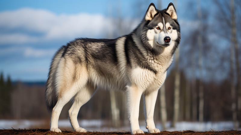 An Alaskan Malamute in a healthy vibrant stance with visible strong joints and mobility