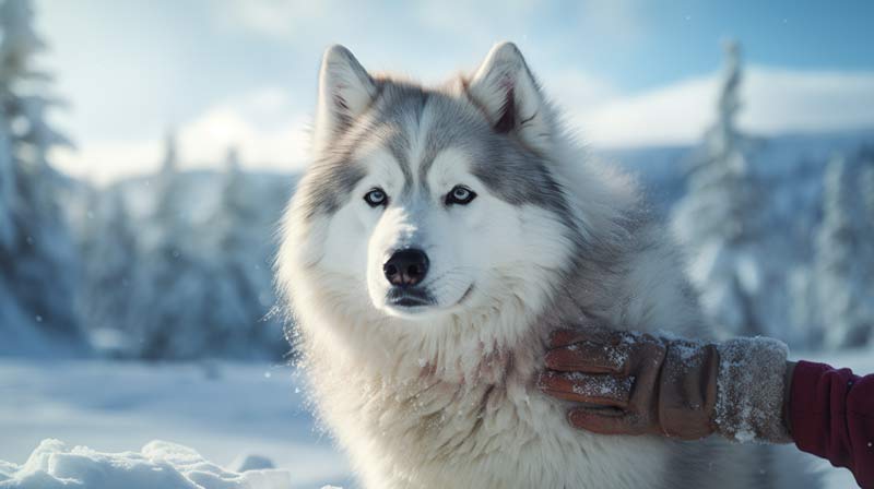 An Alaskan Malamute in a snowy landscape focused on a dog trainers hand