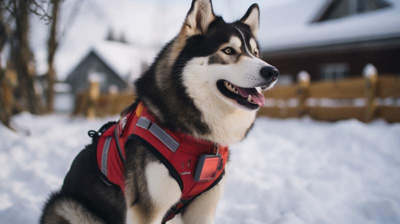 An Alaskan Malamute in an assistance dog vest attentively learning commands