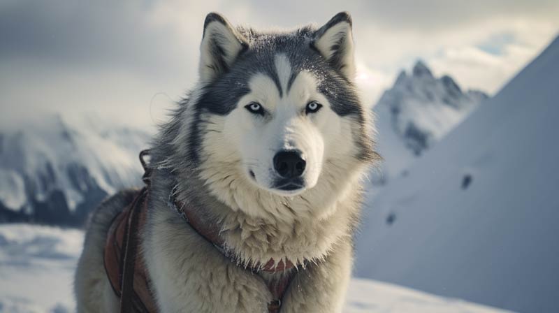 An Alaskan Malamute in the snowy Alaskan terrain harnessed and pulling a heavy sled