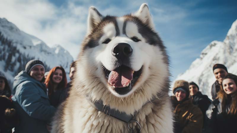 An Alaskan Malamute newly adopted being embraced by a diverse group of people