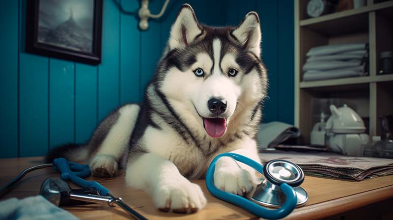 An Alaskan Malamute on a veterinarians examination table with a stethoscope preventive care and nutrition