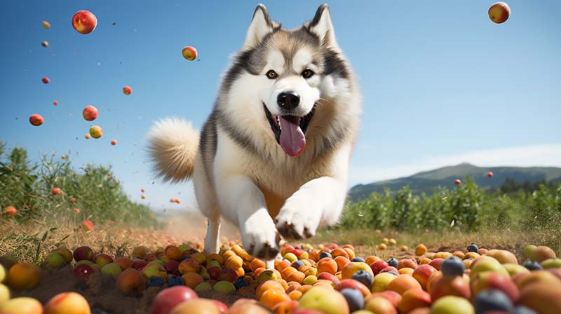 An Alaskan Malamute playfully running in a field with a visual variety of wholesome dog food ingredients