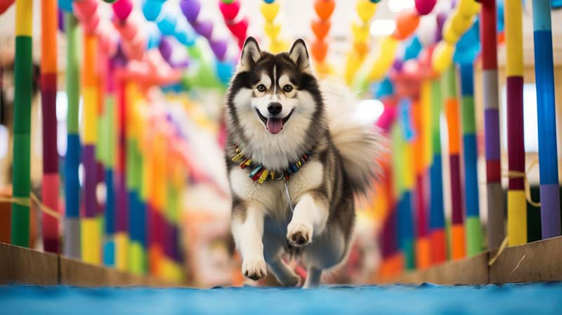 An Alaskan Malamute poised at the start line of an agility course