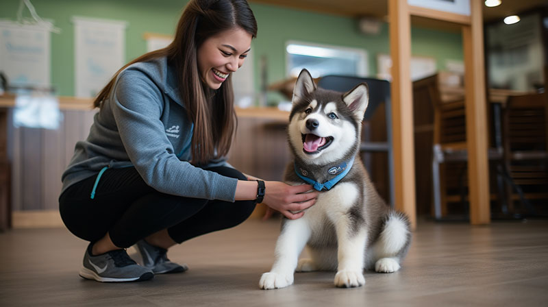 An Alaskan Malamute puppy eagerly engaging with a smiling friendly trainer