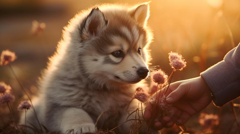 An Alaskan Malamute puppy exploring new environments