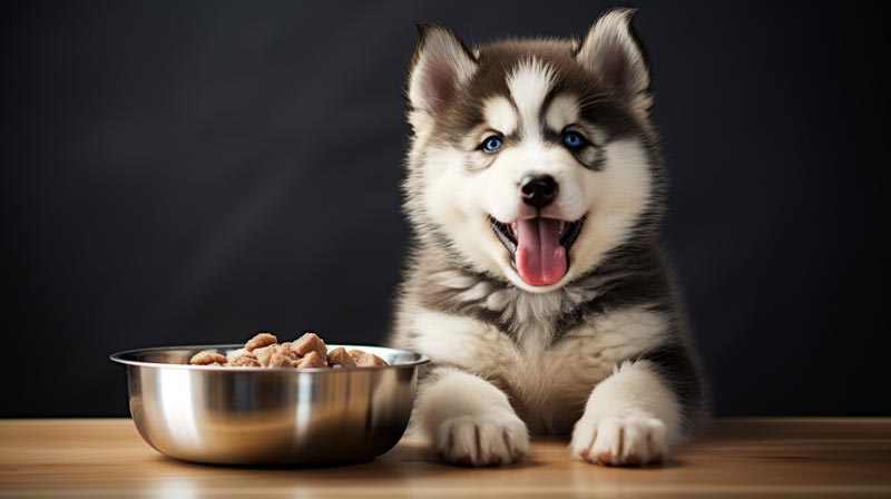 An Alaskan Malamute puppy happily eating from a bowl filled with balanced vet recommended puppy food