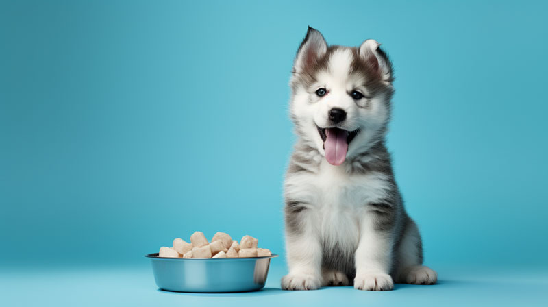 An Alaskan Malamute puppy happily eating from a bowl