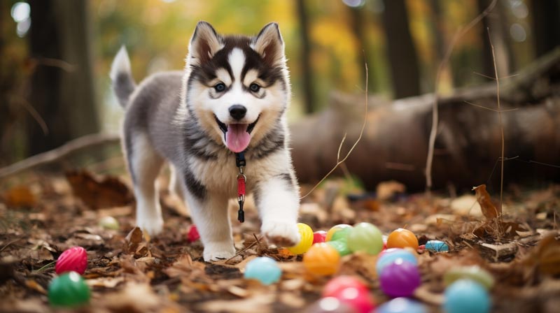 An Alaskan Malamute puppy happily following a trail marked with paw prints