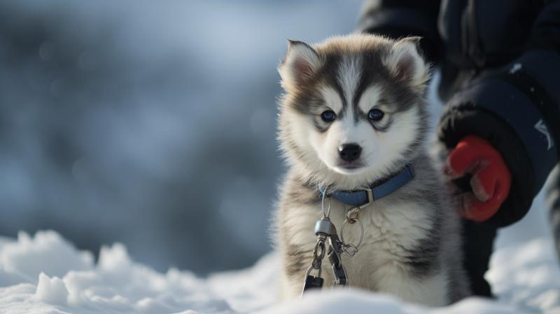 An Alaskan Malamute puppy intently focusing on a dog clicker held by a dog trainers hand