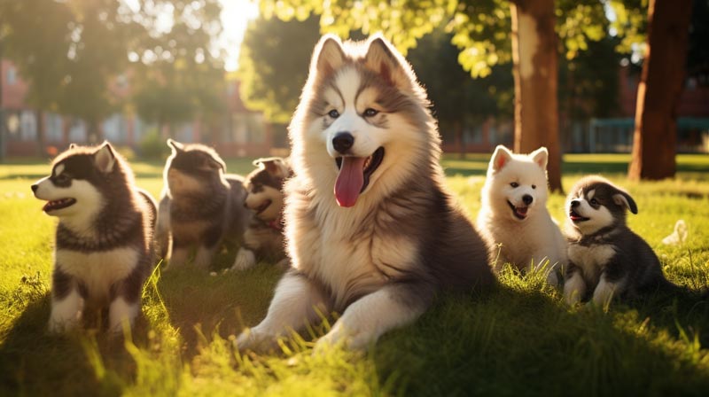 An Alaskan Malamute puppy interacting playfully with diverse breeds of dogs in a grassy park