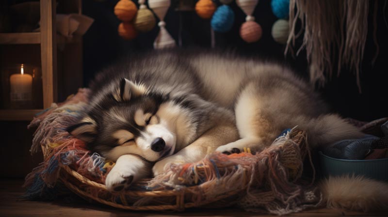 An Alaskan Malamute puppy peacefully sleeping inside a cozy plush dog bed surrounded by premium puppy food