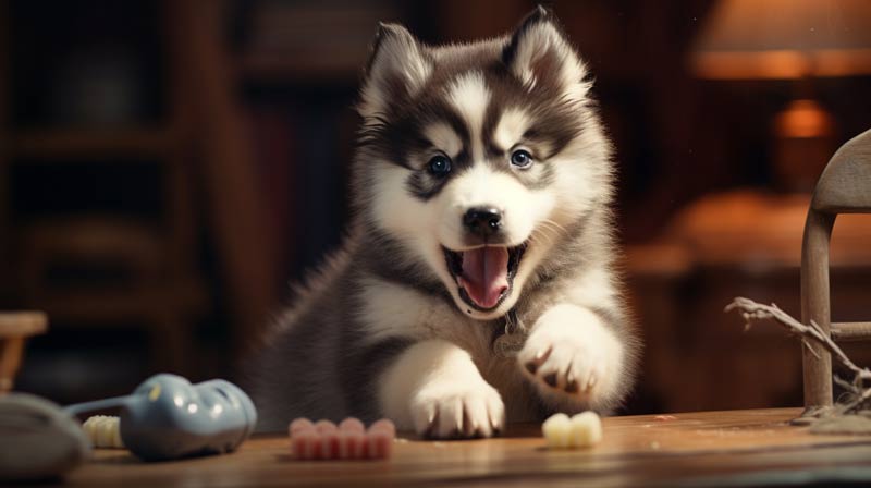 An Alaskan Malamute puppy playfully gnawing a chew toy a dog trainer guiding it