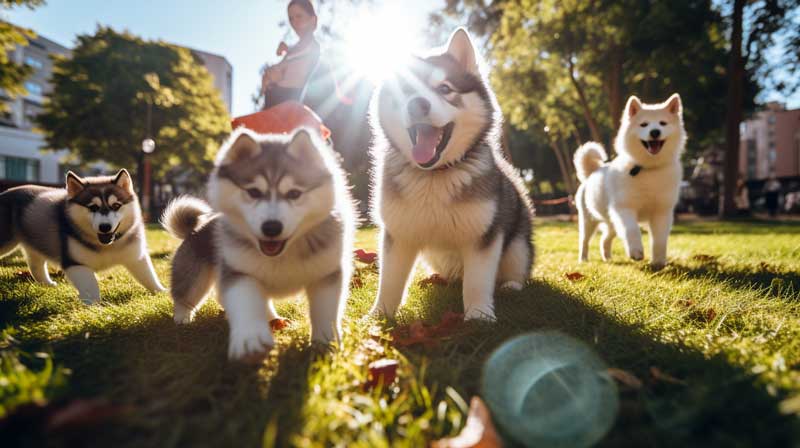 An Alaskan Malamute puppy playfully interacts with diverse breeds of dogs in a sunny park