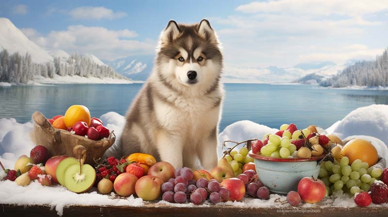 An Alaskan Malamute puppy playfully nibbling on a balanced array of fruits vegetables fish and lean meat