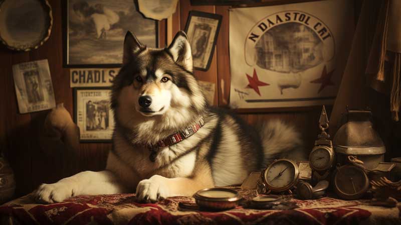 An Alaskan Malamute surrounded by vintage photos of old breed club badges