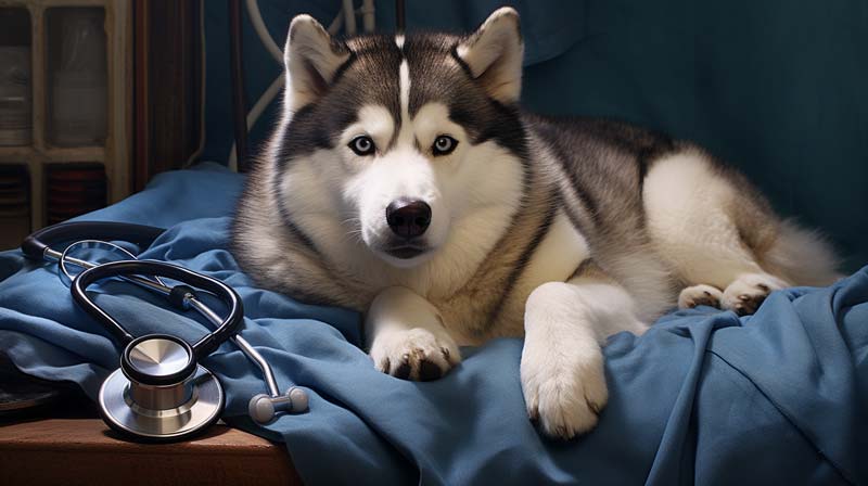 An Alaskan Malamute undergoing a veterinary check up from a veterinarian with emphasis on eyes hips and heart